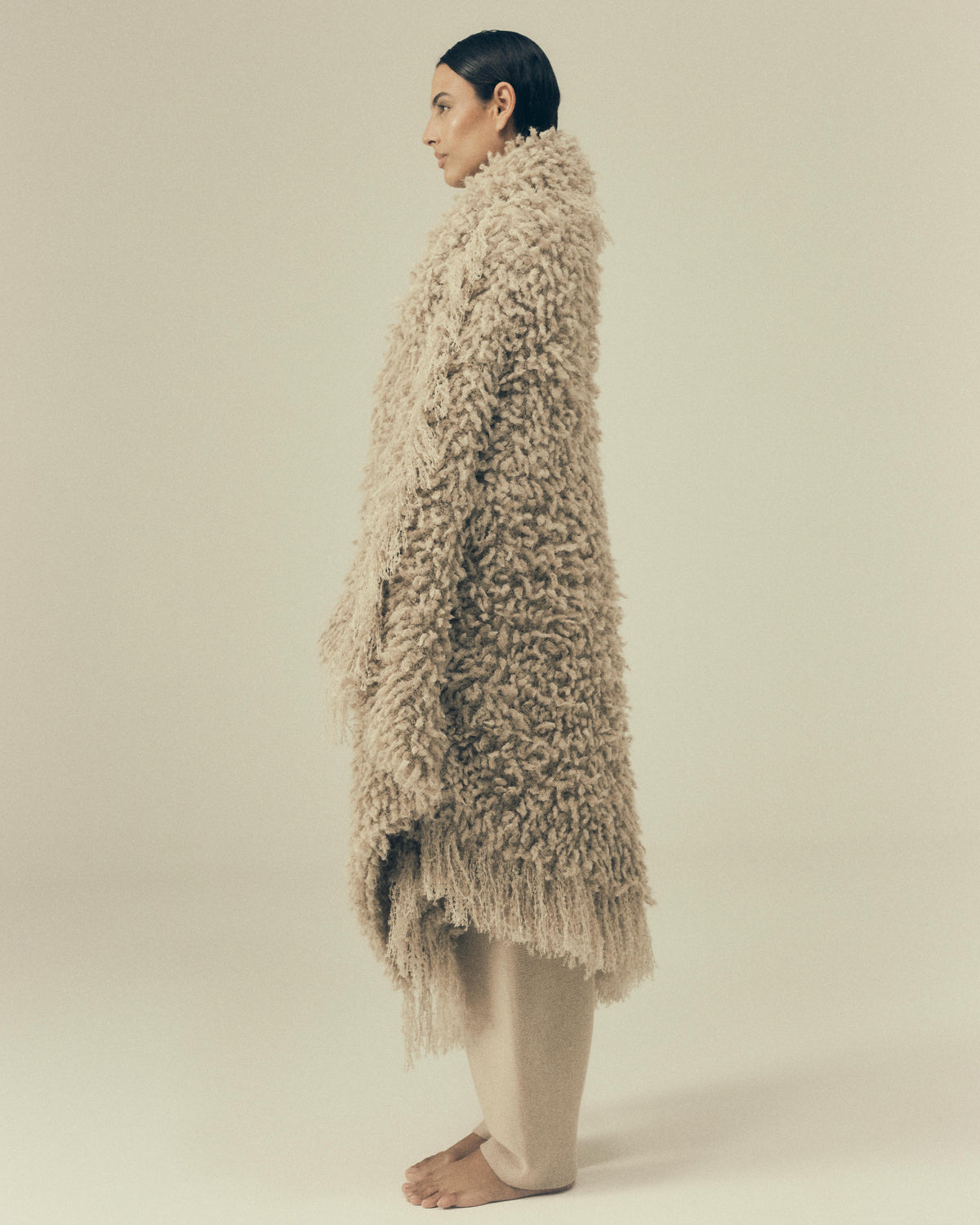 Elowen Blanket/Poncho in Oatmeal, side view — Pampa the Brand
